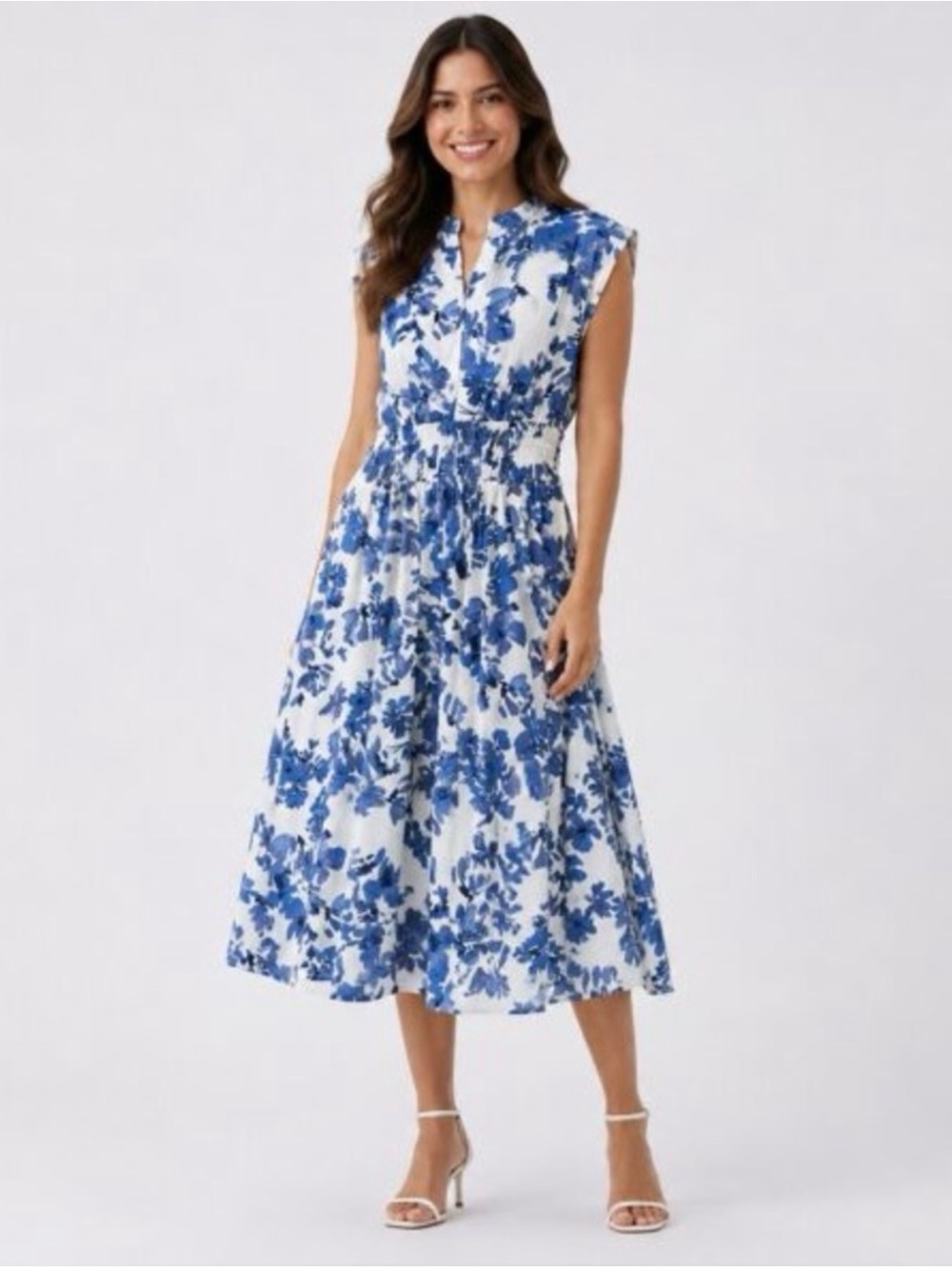Calvin Klein White Midi Dress with Blue Floral Print